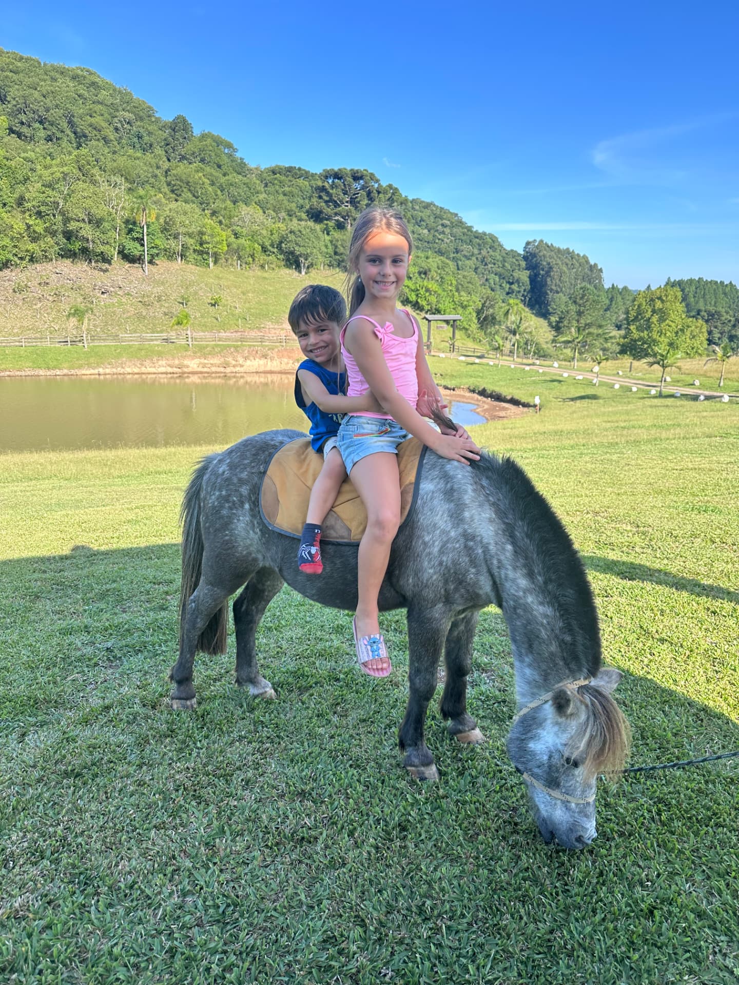 Crianças montando o pônei